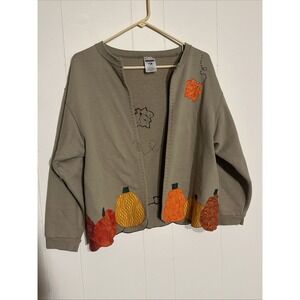 Jerzees Large Handmade Cardigan Sweater Fall Pumpkins & Leaves Vintage USA Made
